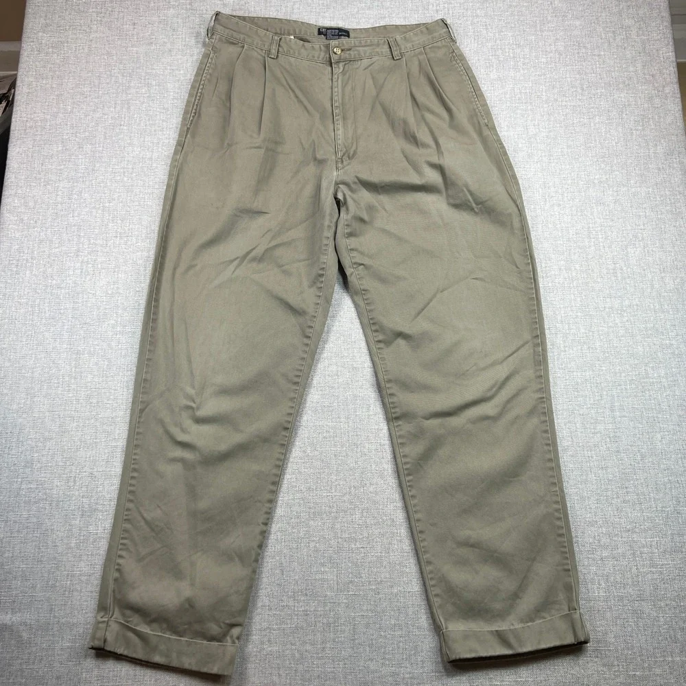 VTG Polo Ralph Lauren Hammond Pants Men 36x31 Khaki Cotton Pleated Cuffed Preppy